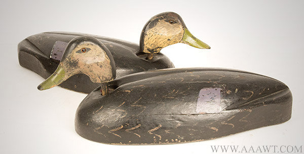 Antique Decoy Pair and Single Decoy, Black Ducks, Nodding Heads, Early 20th Century, pair view